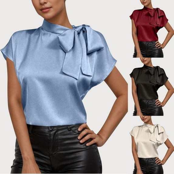 Simua Women's Summer Fashion Tops, Ladies Solid Color Silky Round-Neck Short Sleeve Bow Tie Loose Top Black XL