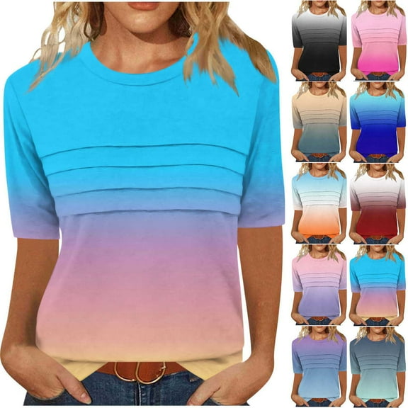 Simua Women's Summer Fashion Tops, Ladies Wrinkled Round Neck 3/4 Sleeve T-shirt Gradient Printed Tunic Top Blue S