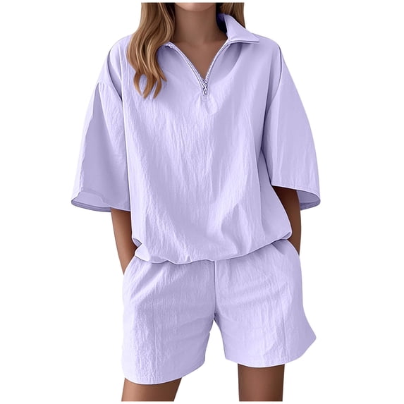 Simua Women's Summer Outfit Set Casual Solid Color Short Sleeved Half Zipper Top and Shorts Two Piece Lounge Set