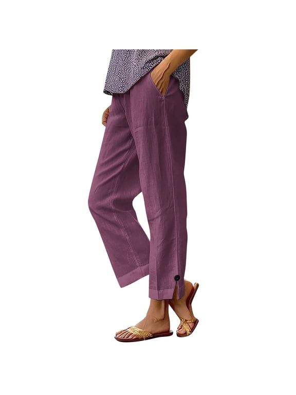 Simua Women's Summer Pants Casual Solid Color Lightweight Elastic Waist Side Split Button Trousers with Pockets