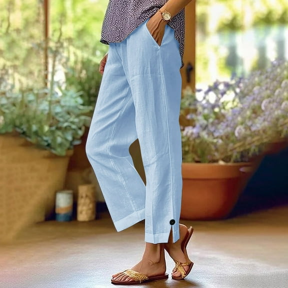 Simua Women's Summer Pants Casual Solid Color Lightweight Elastic Waist Side Split Button Trousers with Pockets