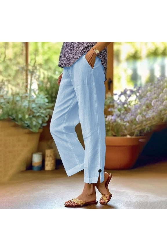 Simua Women's Summer Pants Casual Solid Color Lightweight Elastic Waist Side Split Button Trousers with Pockets