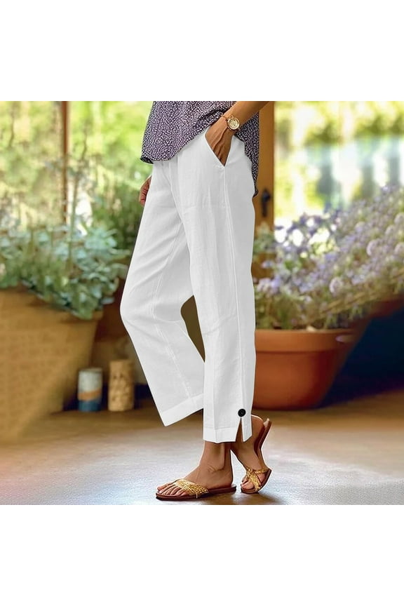 Simua Women's Summer Pants Casual Solid Color Lightweight Elastic Waist Side Split Button Trousers with Pockets
