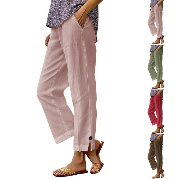 Simua Women's Summer Pants Casual Solid Color Lightweight Elastic Waist Side Split Button Trousers with Pockets