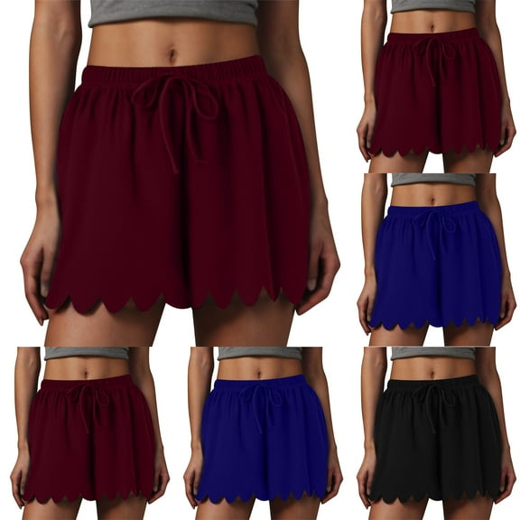 Simua Women's Summer Shorts Casual Solid Color Bottom Hem Lace Versatile Drawstring Elastic Waist Wide Leg Shorts