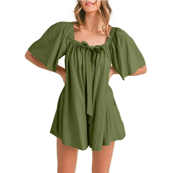 Simua Women's Summer Square Neck Romper Short Sleeve Backless Tie Front Flowy Solid Color Jumpsuit Beach Vacation Outfits