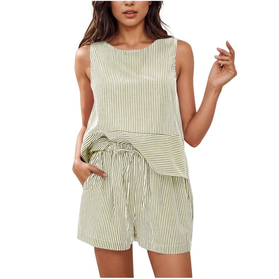 Simua Women's Summer Two Piece Outfits Striped Sleeveless Tank Top Matching Shorts Lounge Sets for Vacation Beach
