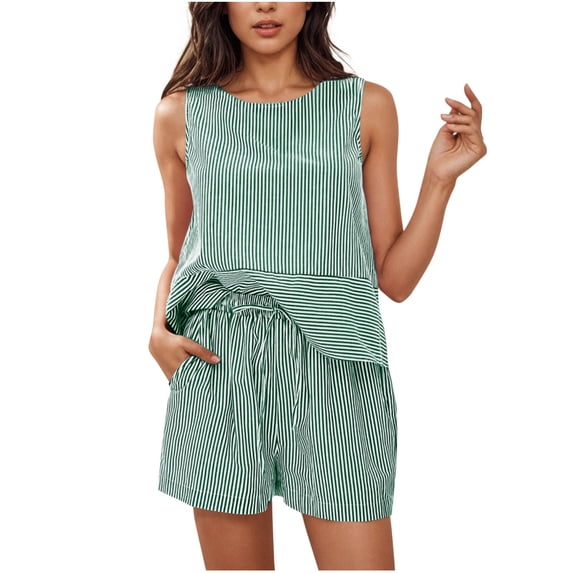 Simua Women's Summer Two Piece Outfits Striped Sleeveless Tank Top Matching Shorts Lounge Sets for Vacation Beach