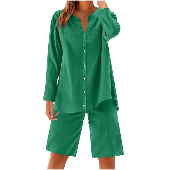 Simua Women's Summer Two Piece Set Long Sleeve V-neck Button Up Shirt and Bermuda Shorts Set Casual Solid Color Outfits
