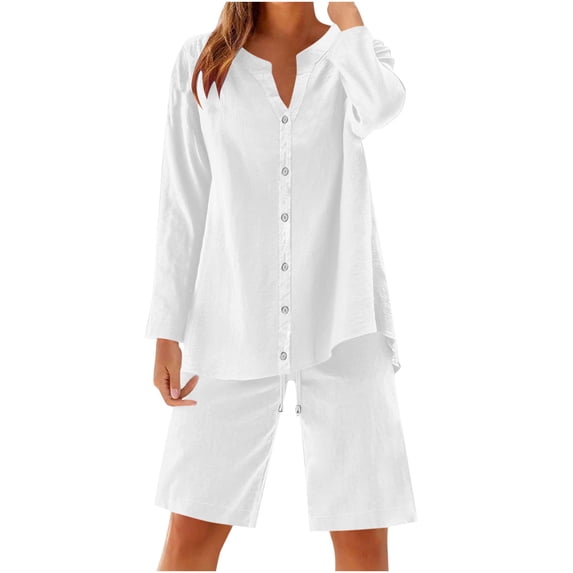 Simua Women's Summer Two Piece Set Long Sleeve V-neck Button Up Shirt and Bermuda Shorts Set Casual Solid Color Outfits