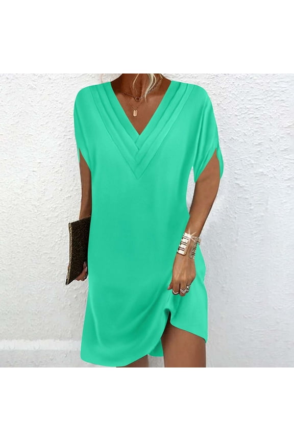 Simua Women's Swimsuit Cover Up Shirt V Neck Short Sleeve Bathing Suit Coverups Summer Beach Mini Dress