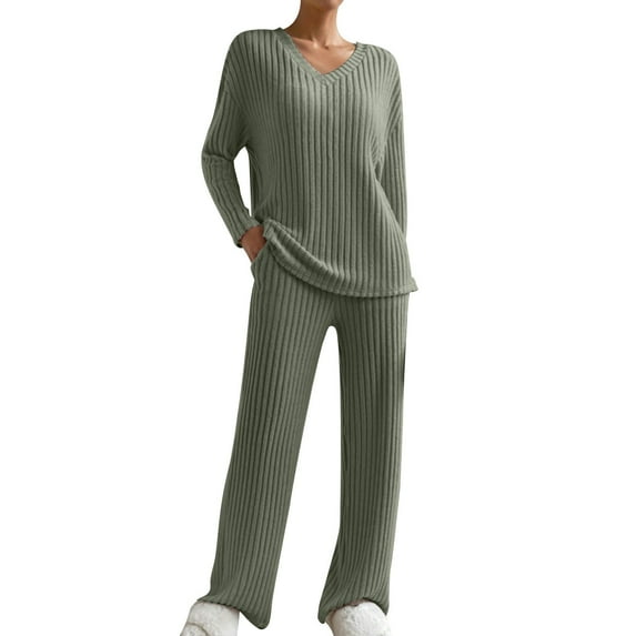 Simua Women's Two Piece Lounge Sets Ribbed Knit Long Sleeve V Neck Pullover Tops Wide Leg Pants Spring Fall Outfits