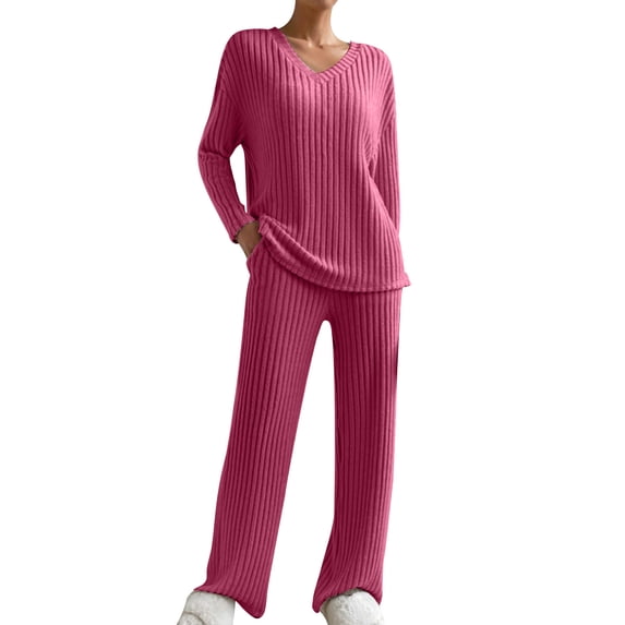 Simua Women's Two Piece Lounge Sets Ribbed Knit Long Sleeve V Neck Pullover Tops Wide Leg Pants Spring Fall Outfits