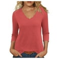 thumbnail image 1 of Simua Women's V Neck 3/4 Sleeve T Shirt Solid Color Floral Edge Casual Basic Tops Summer Tees, 1 of 5