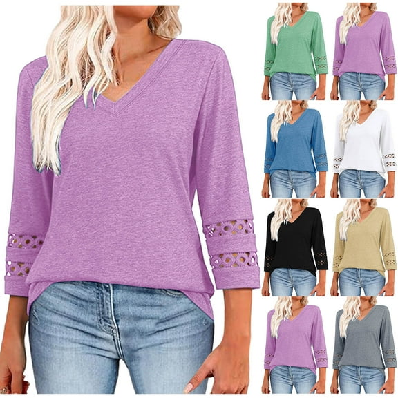 Simua Women's V Neck T Shirts 3/4 Hollow Out Sleeve Blouse Summer Tops Dressy Casual Basic Tees