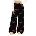 thumbnail image 1 of Simua Women's Valentine's Day Bow Print Flannel Plush Wide Leg Pants - Elastic Waist Side Pocket Casual Trousers S-XXL Festive Lounge & Daily Pants, 1 of 7