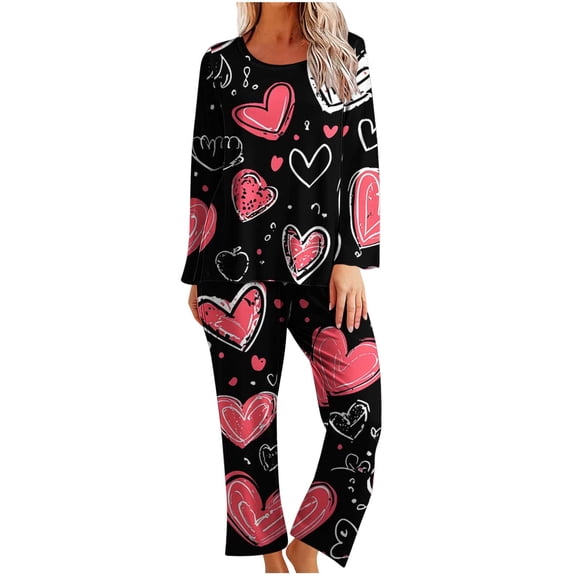 Simua Women's Valentine's Day Heart Print Pajama Set Round Neck Long Sleeves Cute Design Soft Fabric Cozy Relaxed Fit Perfect For Lazy Valentine Nights