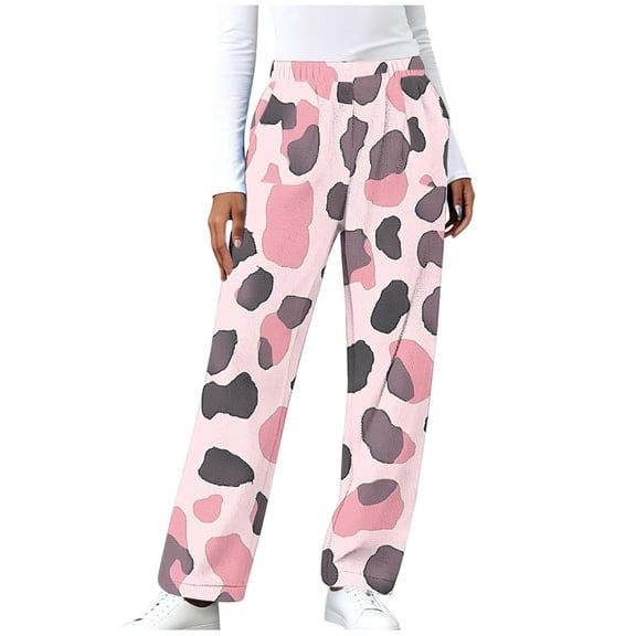 Simua Women's Valentine's Day Leopard Print Flannel Wide Leg Pants - Elastic Waist Side Pocket Casual Trousers S-XXL Lounge & Daily Pants