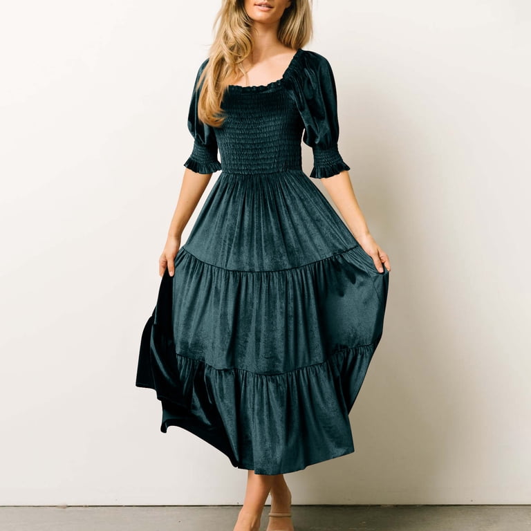 knee length dresses for ladies Chrissy | Black Velvet Square-Neck Midi Dress with Mesh-Sleeves and Ruched Detailing