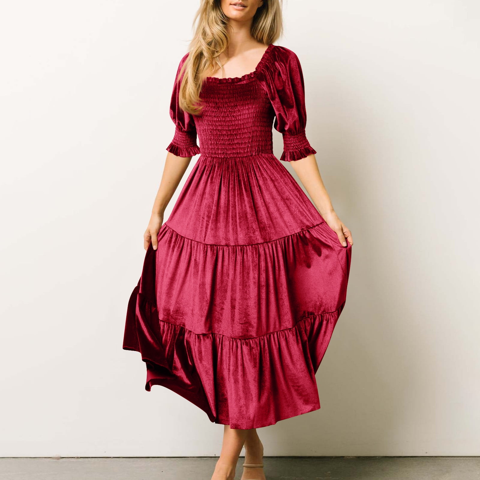 square neck velvet midi dress Chrissy | Black Velvet Square-Neck Midi Dress With Mesh-Sleeves And Ruched Detailing
