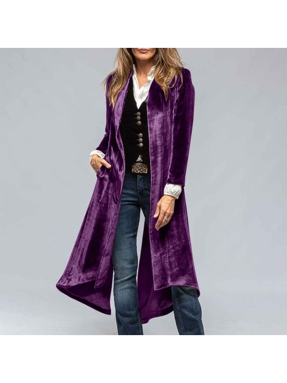 Women's Velvet Open Front Long Trench Coat Elegant Back High Slit Blazer Suit Jacket with Pockets