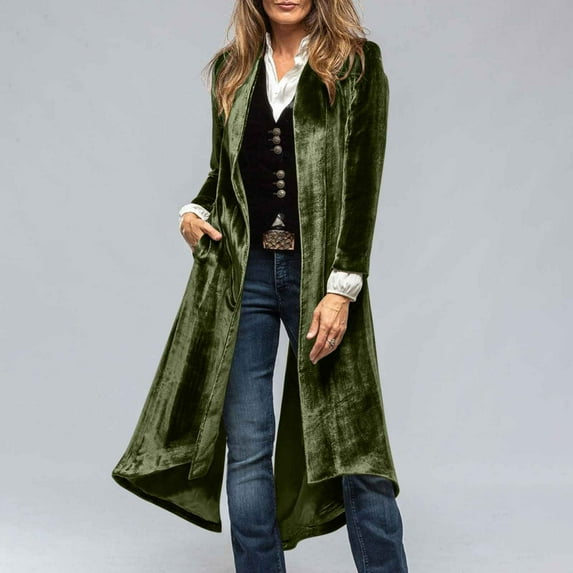 Simua Women's Velvet Open Front Long Trench Coat Elegant Back High Slit Blazer Suit Jacket with Pockets