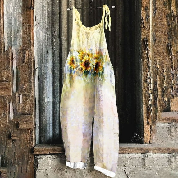 Simua Women's Watercolor Floral Print Adjustable Strap Overalls Jumpsuit Loose Wide Leg With Pockets For Casual Beach Vacation All Seasons