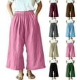 thumbnail image 1 of Simua Women's Wide Leg Faux Linen Pants Solid Color Elastic Waistband Button Cropped Baggy Trouser with Pockets, 1 of 7
