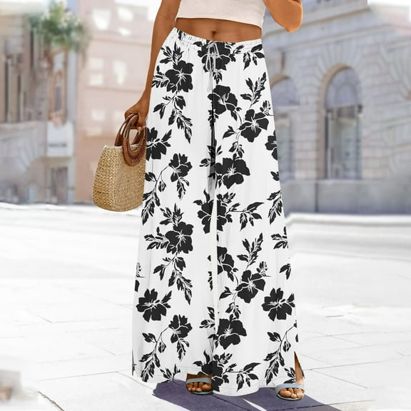 Simua Women's Wide Leg Palazzo Pants Summer Casual Loose High Waist Lounge Floral Printed Travel Vacations Trendy Outfit