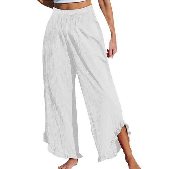 Simua Women's Wide Leg Pants Fashion Solid Color Ruffle Elastic Waist High Waist Drawstring Flowy Trousers