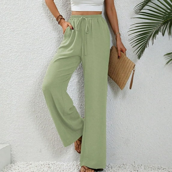 Simua Women's Wide Leg Pants Spring Solid Color Drawstring Elastic Waist Straight Tube Casual Pants Mint Green S