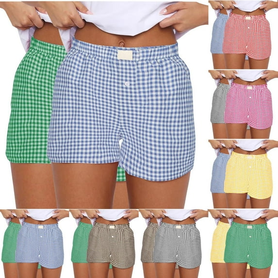 Simua Women's Y2K Lounge Shorts Cute Soft Elastic Low Waist Plaid Print Button Front Pajama Bottoms Boxer Shorts