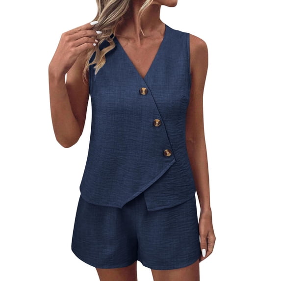 Simua Womens 2 Piece Outfits Summer Sleeveless Blazers Button Vest Shorts Set Casual Matching Sets