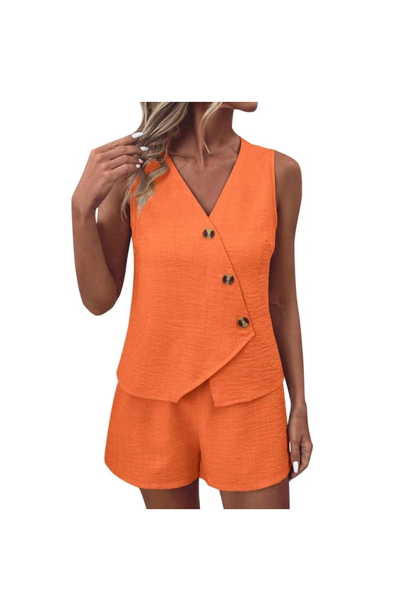 Womens 2 Piece Outfits Summer Sleeveless Blazers Button Vest Shorts Set Casual Matching Sets