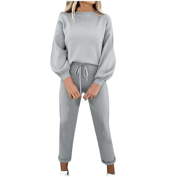 Simua Womens 2 Piece Sweatsuit Set Solid Color Round Neck Drop Shoulder Sleeve Sweatshirts and Cropped Sweatpants Fall Fashion Outfit Sets
