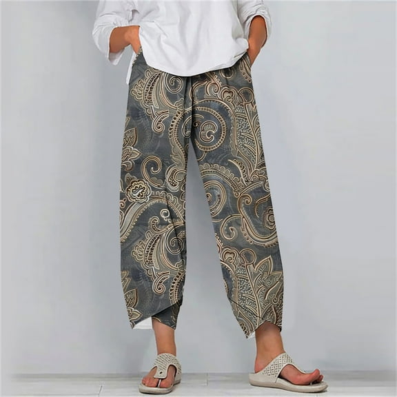 Simua Womens Baggy Wide Leg Pants Casual Elastic Waisted Retro Printed Palazzo Harem Pants with Pockets