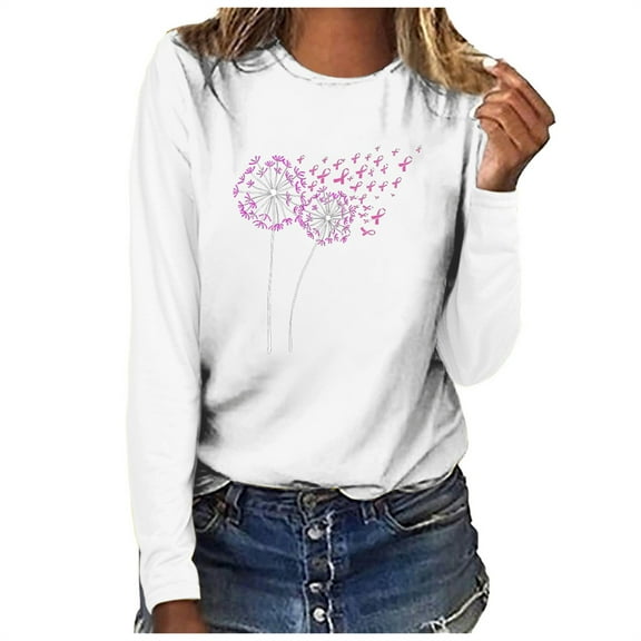 Simua Womens Breast Cancer Awarness Sweatshirt Casual Fall Long Sleeve Crewneck Pullover Loose Fit Blouses Shirt