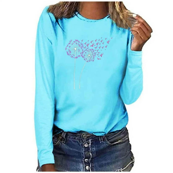 Simua Womens Breast Cancer Awarness Sweatshirt Casual Fall Long Sleeve Crewneck Pullover Loose Fit Blouses Shirt