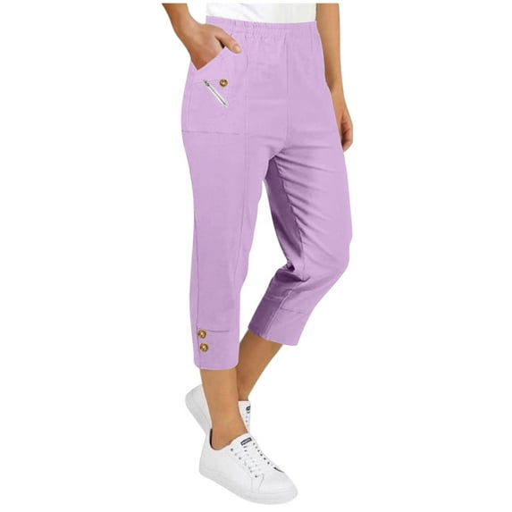 Simua Womens Capri Trousers Stretch Pull on Elastic Waist Solid Color Summer Cropped Pants