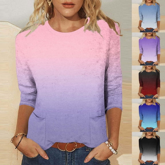 Simua Womens Casual 3/4 Sleeve T-Shirts Round Neck Tops Gradient Color Trendy Basic Blouses with Front Pockets