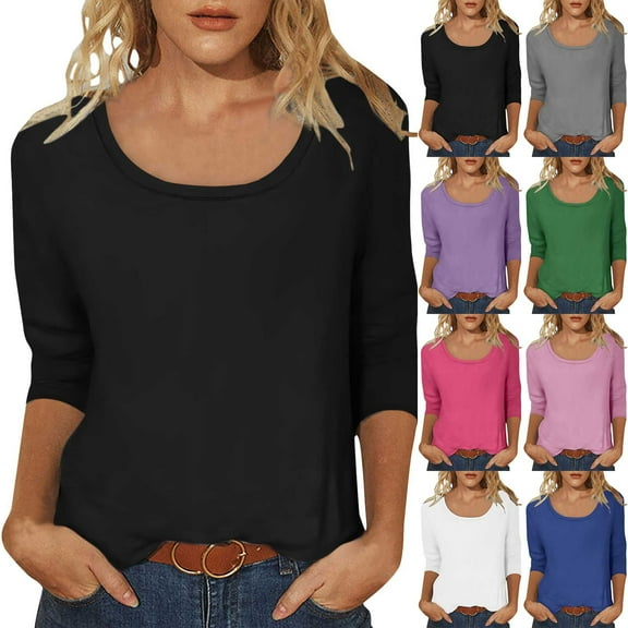 Simua Womens Casual 3/4 Sleeve T-Shirts Round Neck Tops Solid Color Trendy Loose Fit Basic Blouses