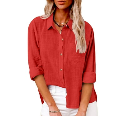 Simua Womens Casual Button Down Shirts V Neck Long Sleeve Cotton Loose Fit Plain Work Blouse Tops with Pocket Red,M
