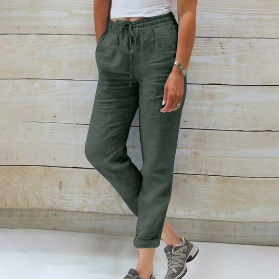 Simua Womens Casual Cotton Linen High Waist Pants Drawstring Loose Fit Summer Pants Trousers with Side Pockets