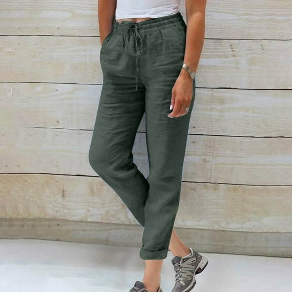 Simua Womens Casual Cotton Linen High Waist Pants Drawstring Loose Fit Summer Pants Trousers with Side Pockets