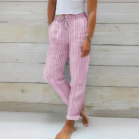 Simua Womens Casual Linen High Waist Pants Drawstring Loose Fit Summer Striped Trousers with Side Pockets