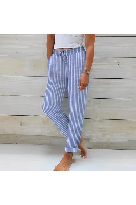Simua Womens Casual Linen High Waist Pants Drawstring Loose Fit Summer Striped Trousers with Side Pockets