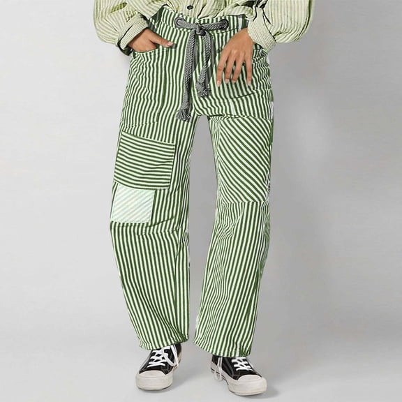 Simua Womens Causal Baggy Pants Wide Leg Patchwork Mid Rise Striped Drawstring Pants with Pockets