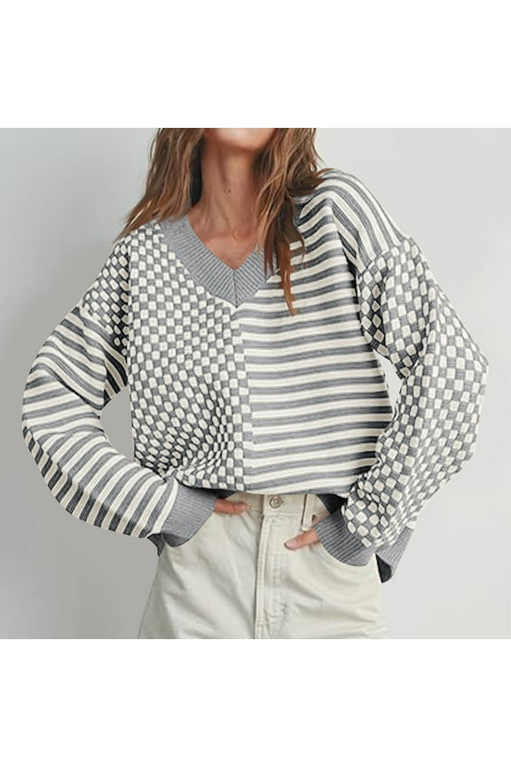 Simua Womens Checkered Striped Sweater V Neck Long Sleeve 2024 Fall Trendy Loose Knit Cozy Pullover Tops