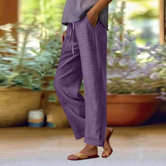 Simua Womens Cropped Pants Solid Color High Waisted Drawstring Casual Loose Trousers with Pockets