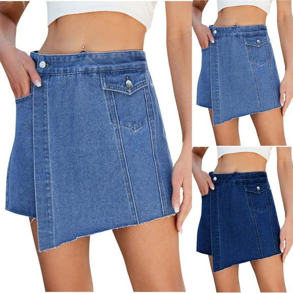 Simua Womens Denim Skorts Stretchy High Waisted Jean Skort for Women Trendy Asymmetrical Mini Skirt Shorts with Pockets